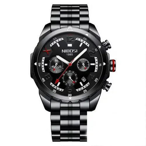 Nibosi 2538 Elegant Stainless Steel Analog Men's Watch – Dial Color: Black, Strap Color: Black – View 1