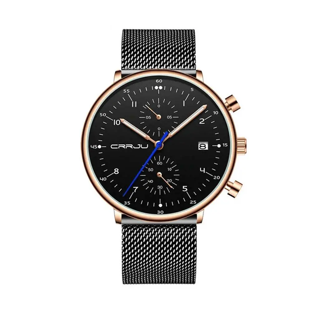 CRRJU 2278 Comfortable Mesh Stainless Steel Ultra Slim Modern Fashion Men's Watch – Dial Color: Rose, Strap Color: Black – View 1