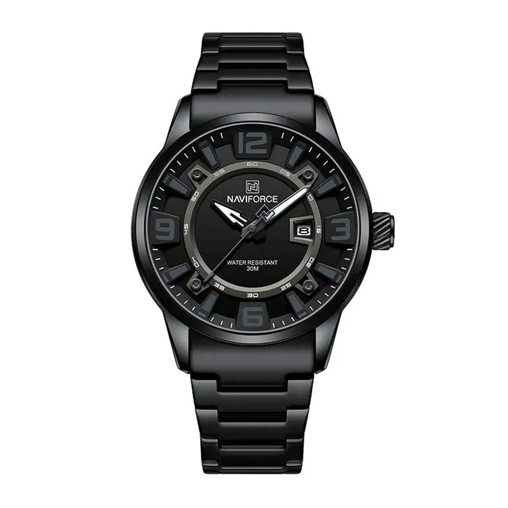 NAVIFORCE NF8044 Luminous Stainless Steel Strap Quartz Men’s Watch – Dial Color: Black, Strap Color: Black – View 1