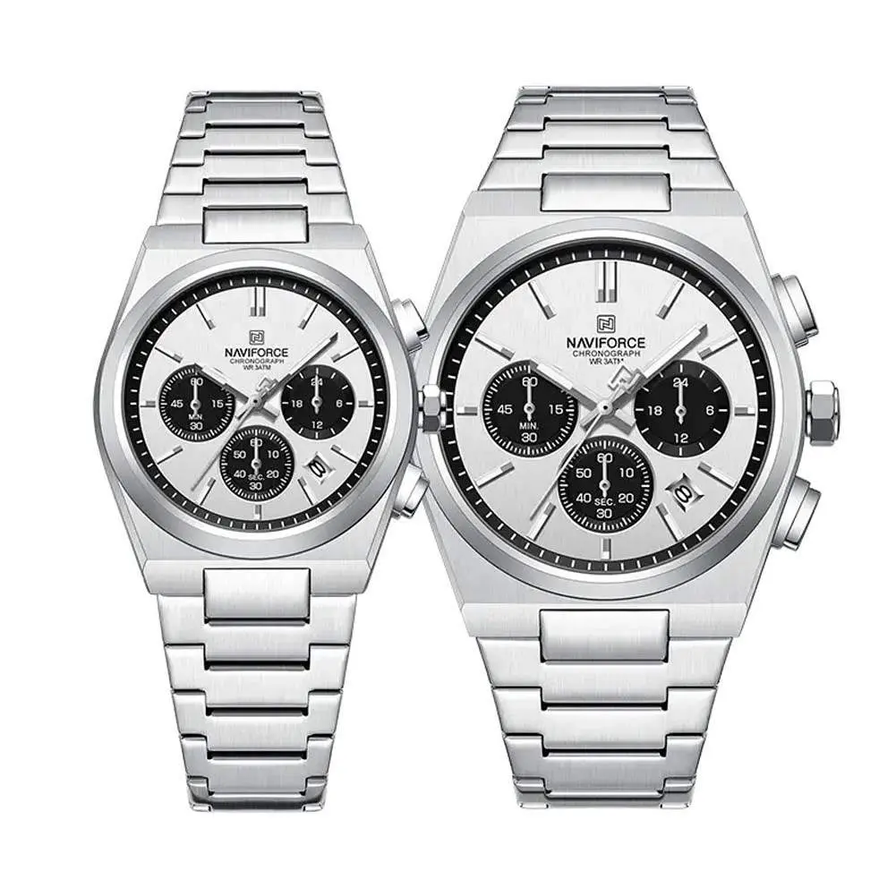 Naviforce NF8048 High Quality Stainless Steel Chronograph Classic Stylish Couple's Watch – Dial Color: White, Strap Color: Silver – View 1