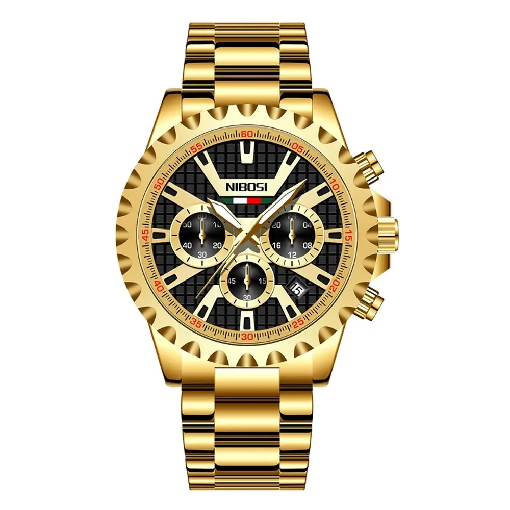 Nibosi 2505 High Quality Stainless Steel Fashionable Men's Watch – Dial Color: Gold, Strap Color: Gold – View 1