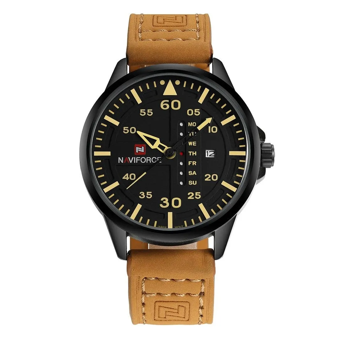 NAVIFORCE NF9074 Luxury Military Quartz Sports Men's Watch – Dial Color: Yellow, Strap Color:  Brown  – View 1