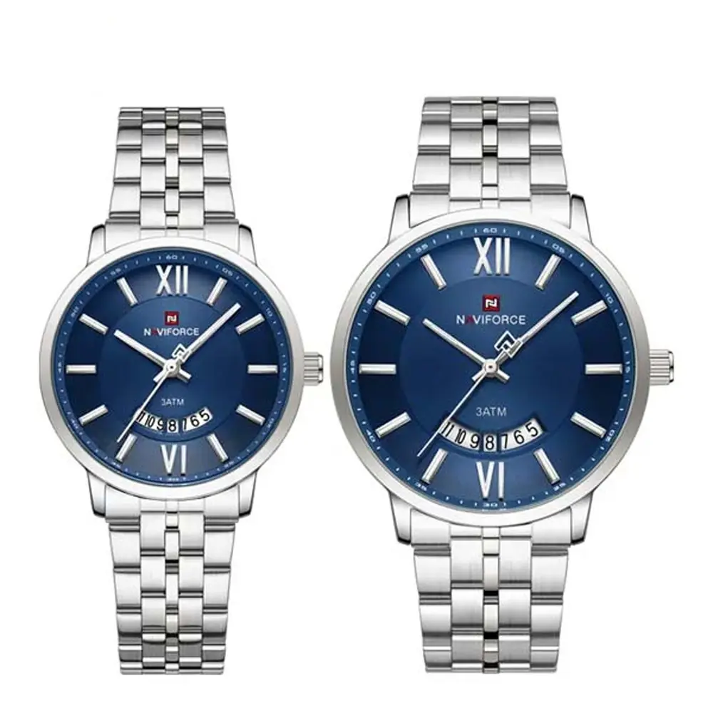 NAVIFORCE NF9238 Modern & Stylish Stainless Steel strap Calendar Analog Couple Watch – Dial Color: Blue, Strap Color: Silver – View 1