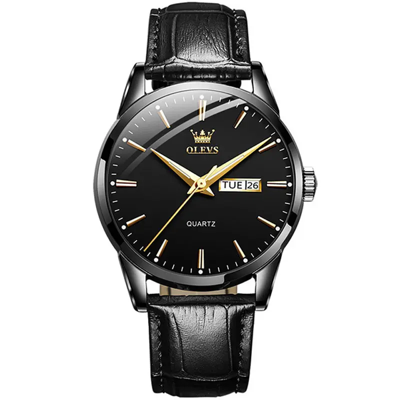 OLEVS 6898 Valentine's Calendar Display Leather Strap Couple's Quartz Watch – Dial Color: Black, Strap Color: Black – View 1