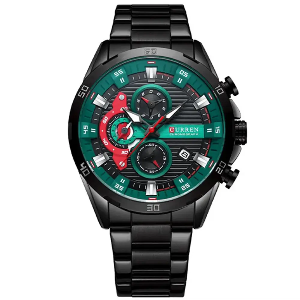 Curren 8402 Luxury Stainless Steel & Chronograph Men's Watch – Dial Color: Green, Strap Color: Black – View 1