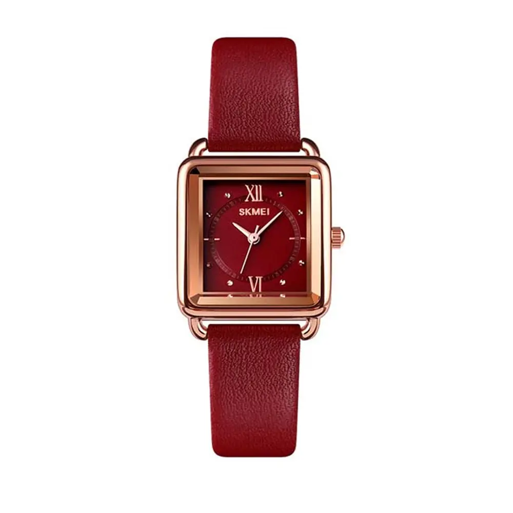 Skmei 1702 Small Square Dial Design Zinc Alloy Case Leather Women Lady Quartz Watch – Dial Color: Red, Strap Color: Red – View 1