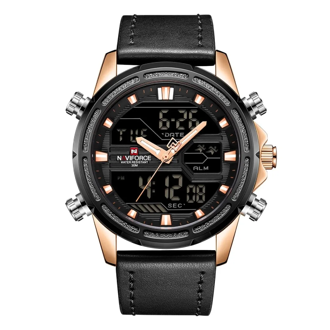 NAVIFORCE NF9138L PU Leather Dual Time Wrist Men's Watch – Dial Color: Rose, Strap Color: Black – View 1