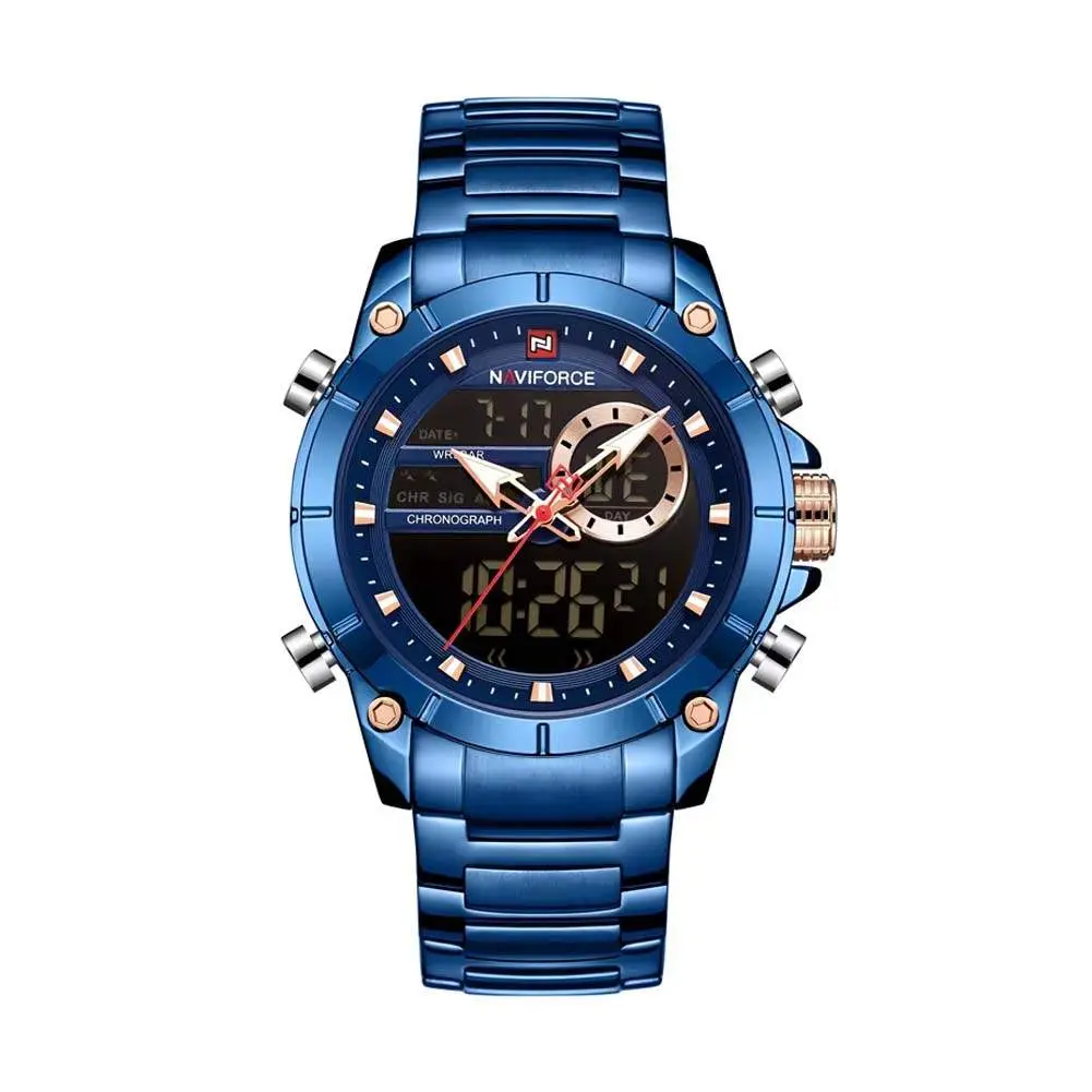 Naviforce NF9163 Stainless Steel Dual Movement Military Sport Men's Watch – Dial Color: Blue, Strap Color: Blue – View 1