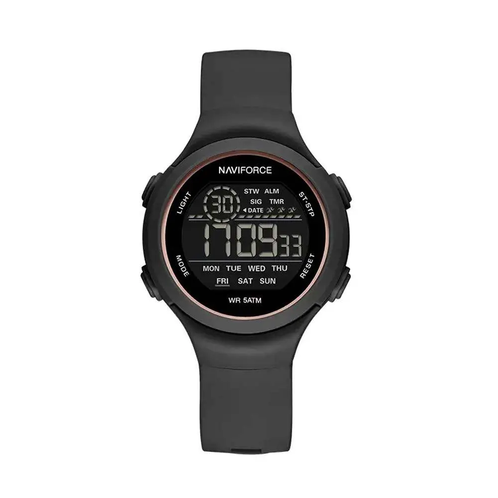 Naviforce NF7119 Comfortable Silicone Strap Trendy Sport Fashion Digital Women's Watch – Dial Color: Black, Strap Color: Black – View 1