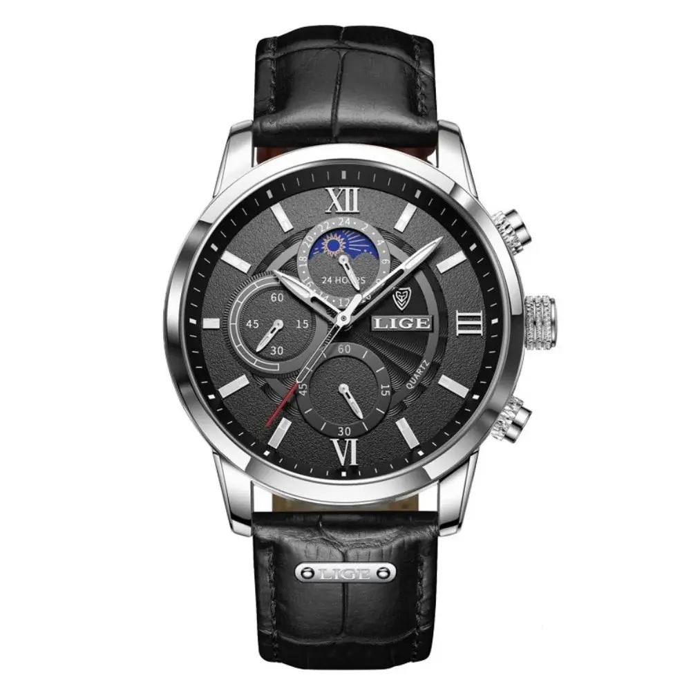 LIGE 8932 Premium Moon Phase Leather Strap Luxury Men's Watch – Dial Color: Silver, Strap Color: Black – View 1