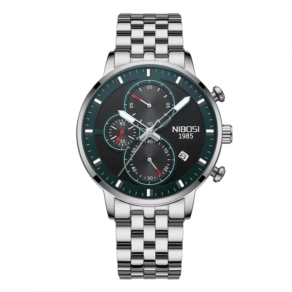Nibosi 2531 Luxury Stainless Steel Waterproof Men's Watch – Dial Color: Black, Strap Color: Silver – View 1