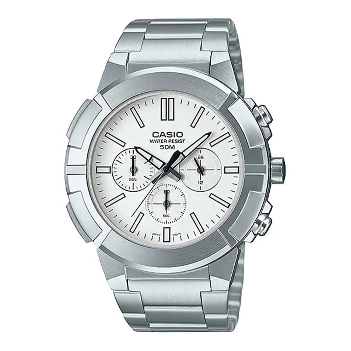 CASIO MTP-E500D-1AV Heavy Duty Stainless Steel Silver Waterproof Chronograph Men's Watch – Dial Color: White, Strap Color: Silver – View 1