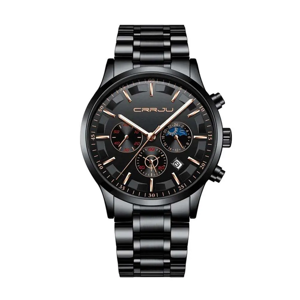 CRRJU 2260 High Quality Stainless Steel Multifunctional Quartz Classic Men's Watch – Dial Color: Rose Gold, Strap Color: Black – View 1