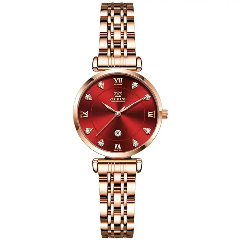 OLEVS 5866 Luxury Stainless Steel Rose Gold Flash Diamond Series Waterproof Women's Wristwatch – Dial Color: Red, Strap Color: Rose Gold – View 1