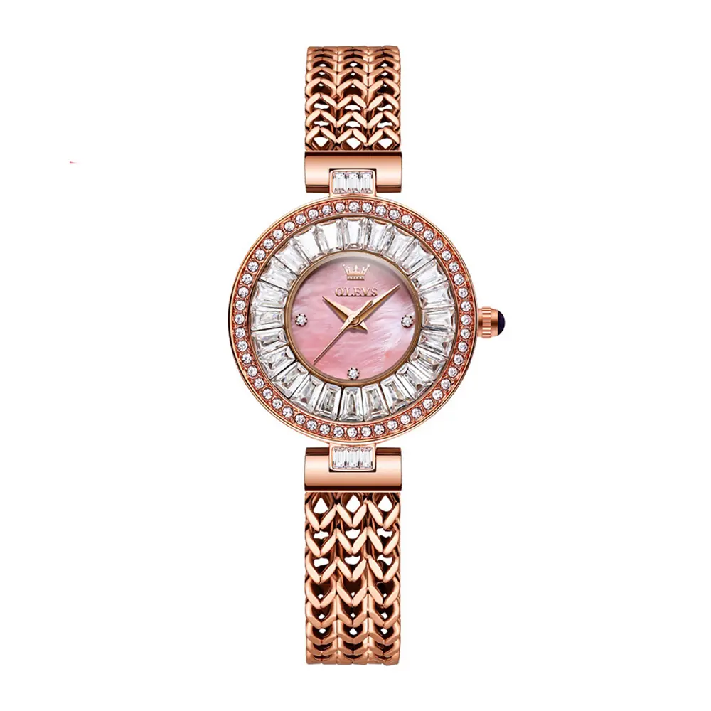 Olevs 9959 Original Top Brand Elegant Quartz Watch Women Waterproof Stainless Steel Luxury Diamond Watches  – Dial Color: Pink, Strap Color:  Brown  – View 1