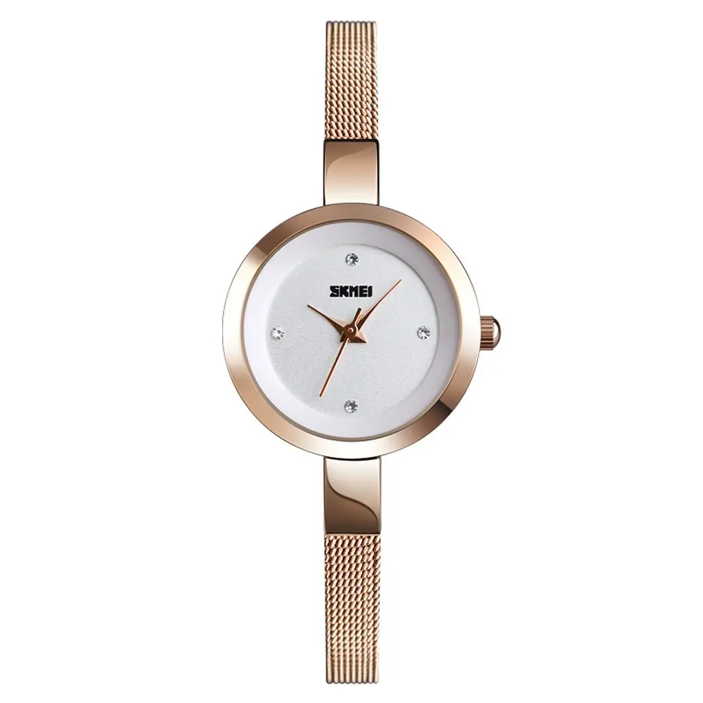 SKMEI 1390 Elegant Quartz Stainless Steel Luxury Women's Watch – Dial Color: White, Strap Color:  Brown  – View 1