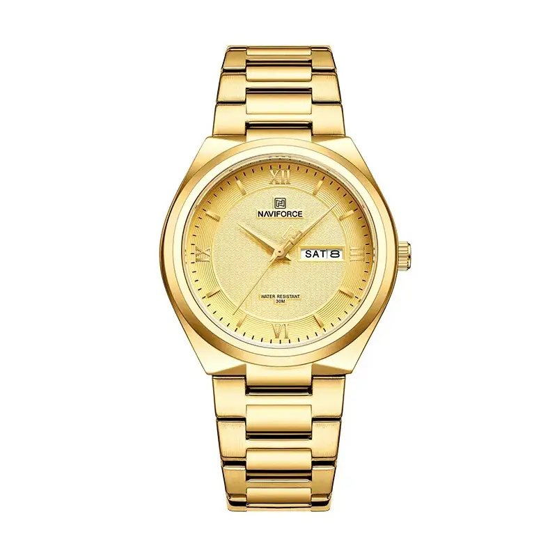 Naviforce NF8030 Military Stainless Steel Quartz Analog Men’s Watch – Dial Color: Gold, Strap Color: Gold – View 1