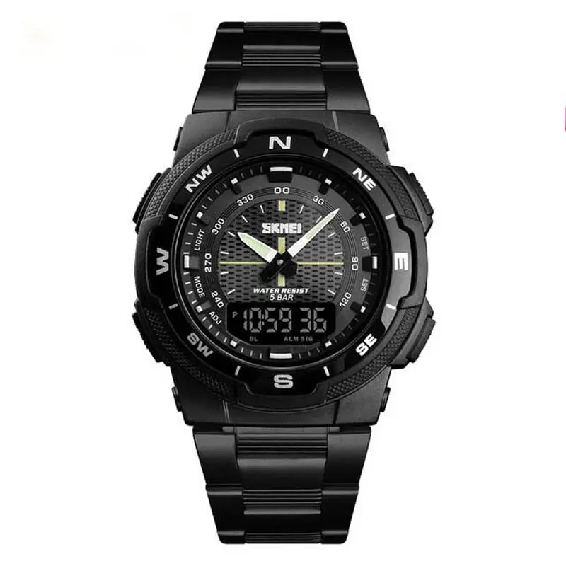 SKMEI 1370 Dual Time Premium Stainless Steel Sporty Men's Watch – Dial Color: Black, Strap Color: Black – View 1
