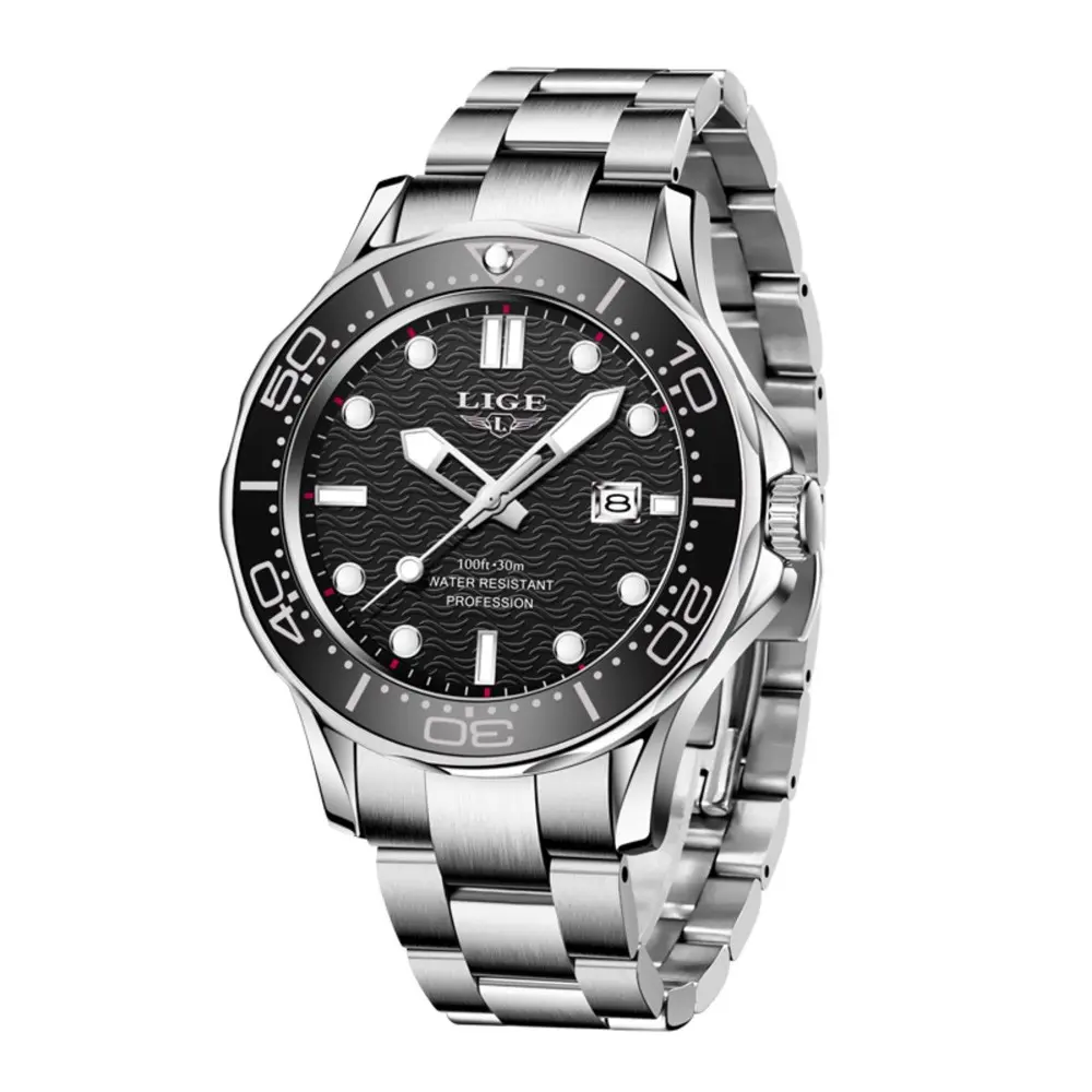 LIGE 8936 Analog Stainless Steel Waterproof Luxury Men's Watch – Dial Color: Black, Strap Color: Silver – View 1