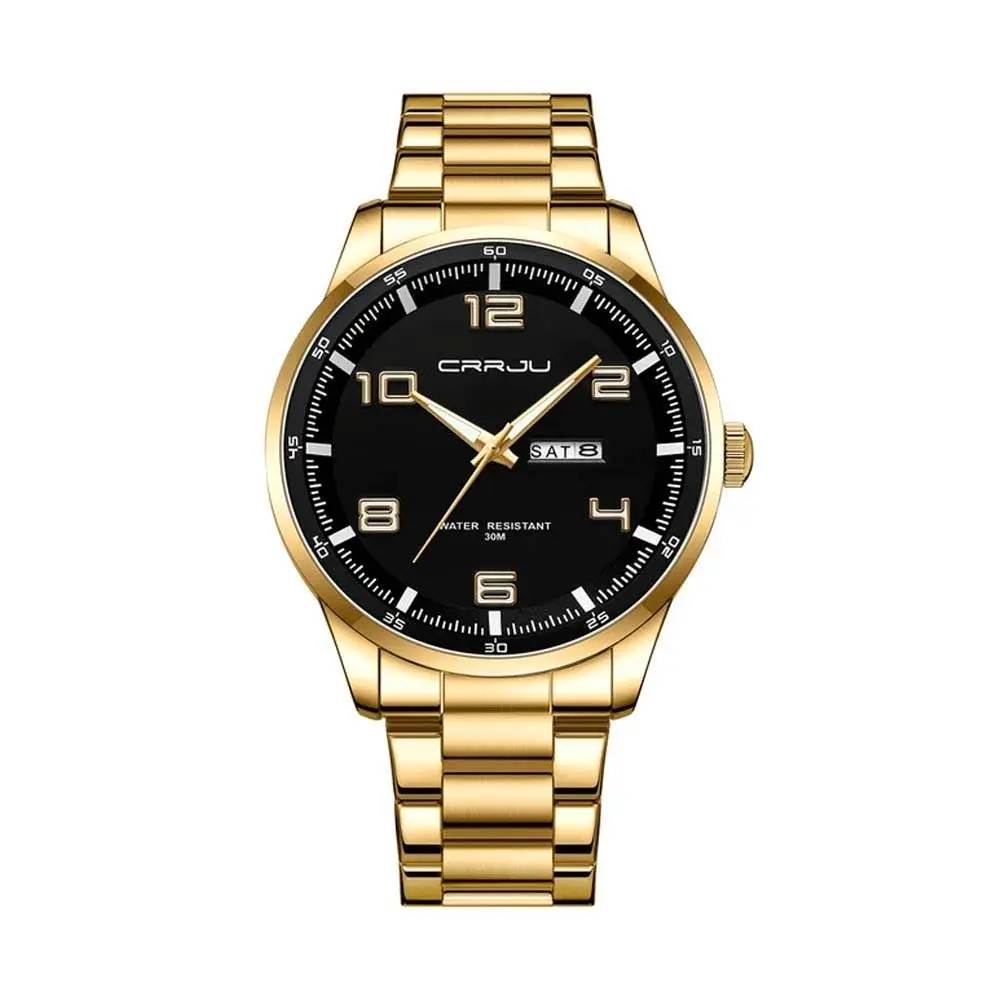 CRRJU 5005 Classic Stainless Steel Multifunctional Analog Quartz Fashion Men's Watch – Dial Color: Black, Strap Color: Gold  – View 1