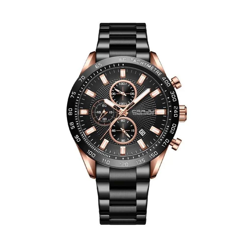 CRRJU 2306 High Quality Stainless Steel Multifunctional Quartz Classic Men's Watch – Dial Color: Rose Gold, Strap Color: Black – View 1