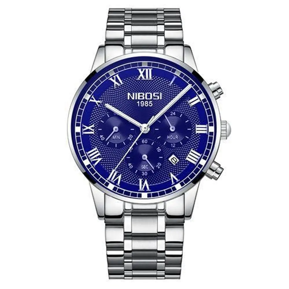 Nibosi 2339 Luxury Stainless Steel Casual Fashion Men's Watch – Dial Color: Blue, Strap Color: Silver – View 1