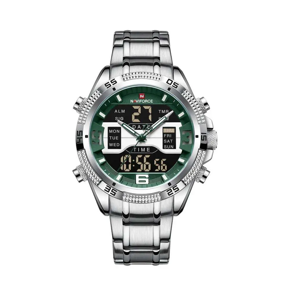 Naviforce NF9201 High Quality Stainless Steel Dual Movement Sport Fashion Men's Watch – Dial Color: Green, Strap Color: Silver – View 1