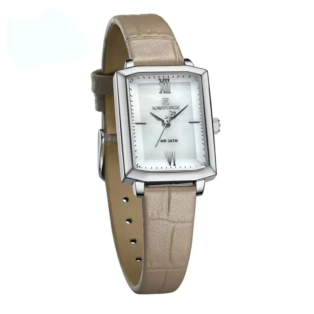 Naviforce NF5039 Leather Strap Waterproof Quartz Analog Women's Watch – Dial Color: White, Strap Color: Grey – View 1