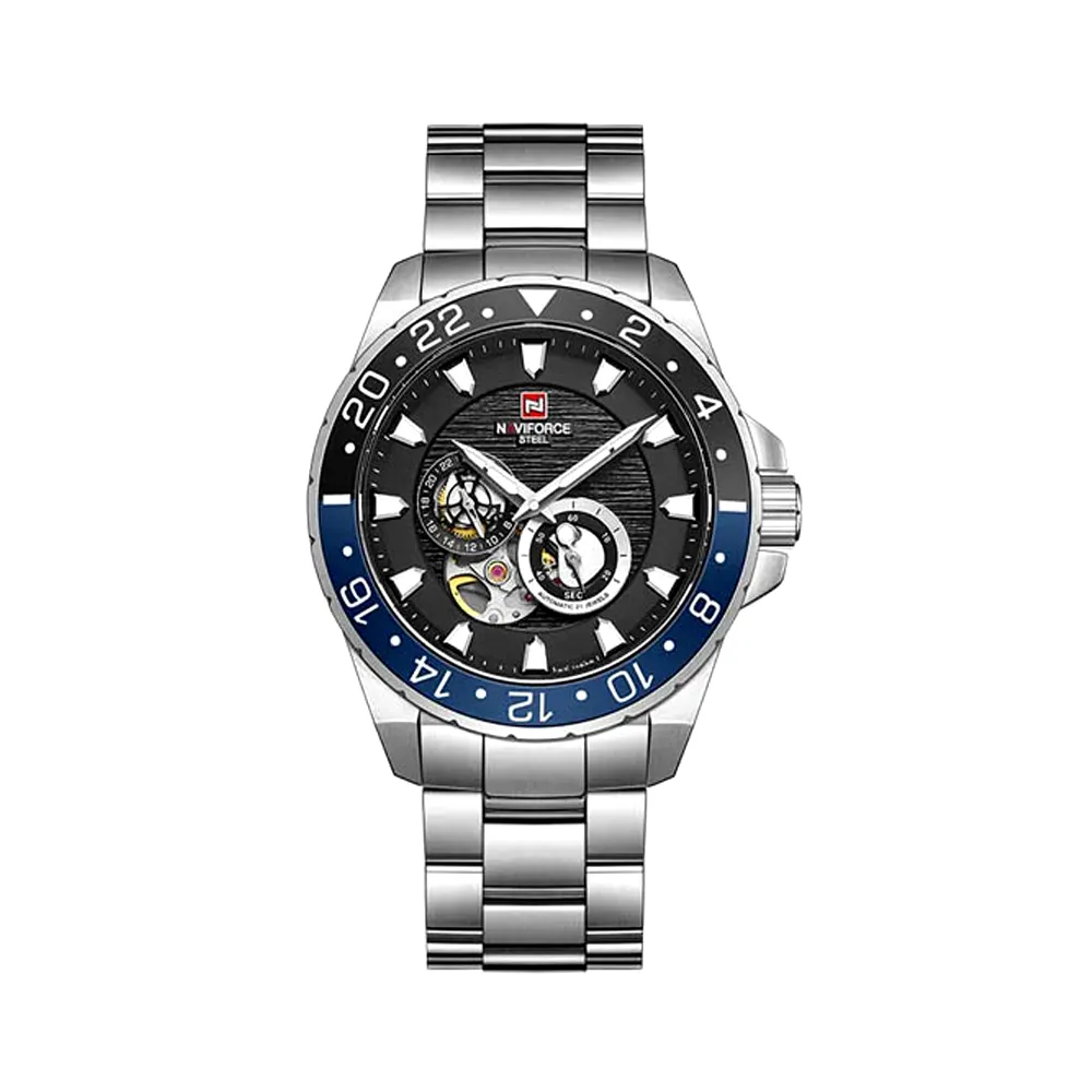 Naviforce NFS1003 Mechanical Movement Watch – Dial Color: Black, Strap Color: Silver – View 1