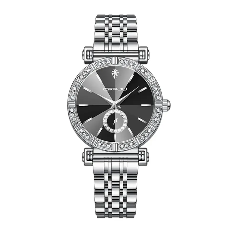 CRRJU 2494 Classic Fashion Rhinestone Diamond Movement Analog Dress  Women Watch – Dial Color: Black, Strap Color: Silver – View 1