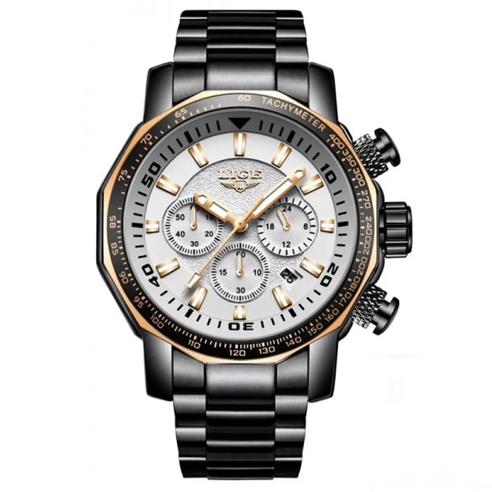 LIGE 9871 Stainless Steel Analog Quartz Casual Men's Watch – Dial Color: White, Strap Color: Black – View 1