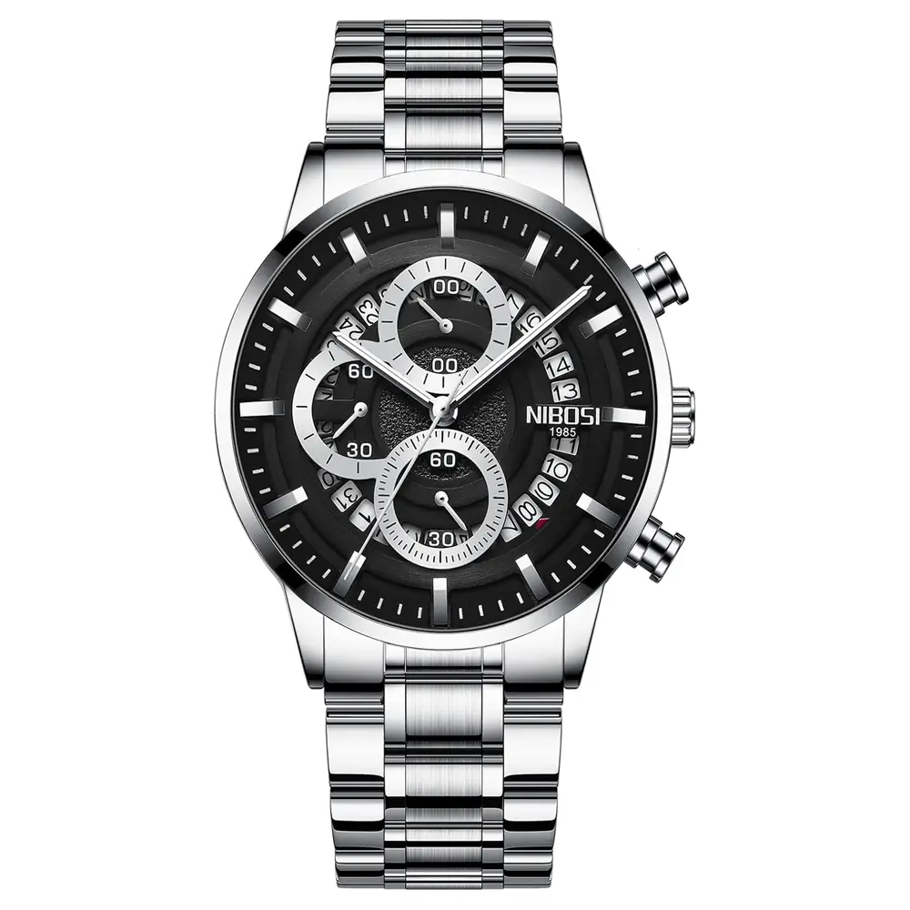 Nibosi 2369 Multifunction Stainless Steel Fashionable Men Watch – Dial Color: Silver, Strap Color: White – View 1