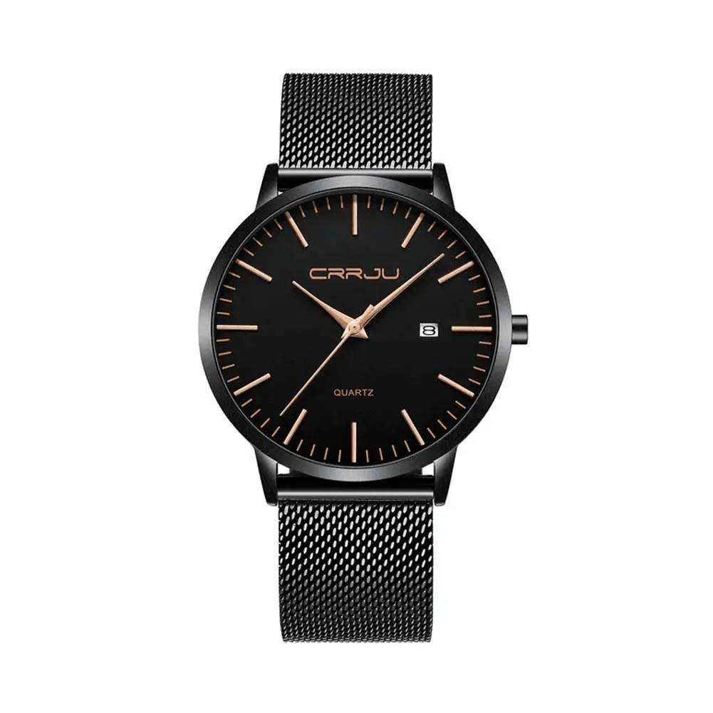 CRRJU 2172 High-Quality Slim Stainless Steel Strap Analog Quartz Formal Men’s Watch – Dial Color: Rose, Strap Color: Black – View 1
