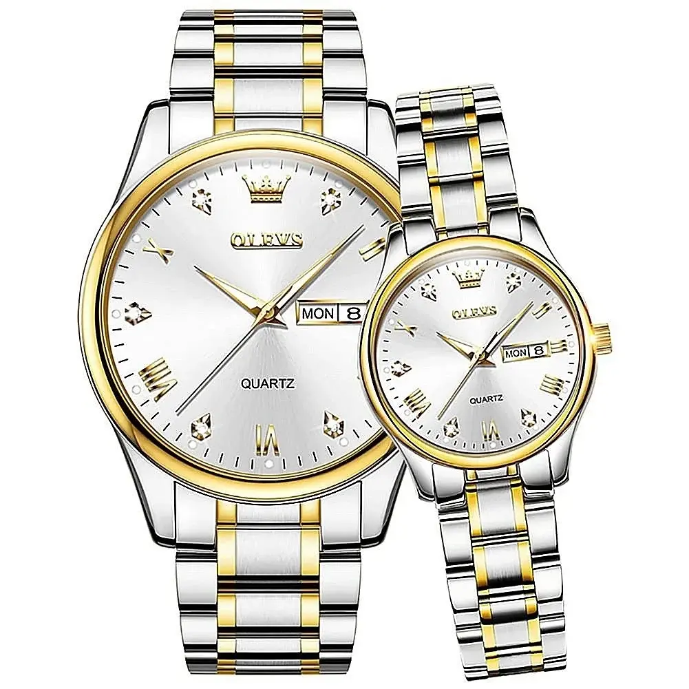 Olevs 5563 Diamond Studded Stainless Steel Waterproof Quartz Analog Watch for Couples – Dial Color: White, Strap Color: White Gold – View 1