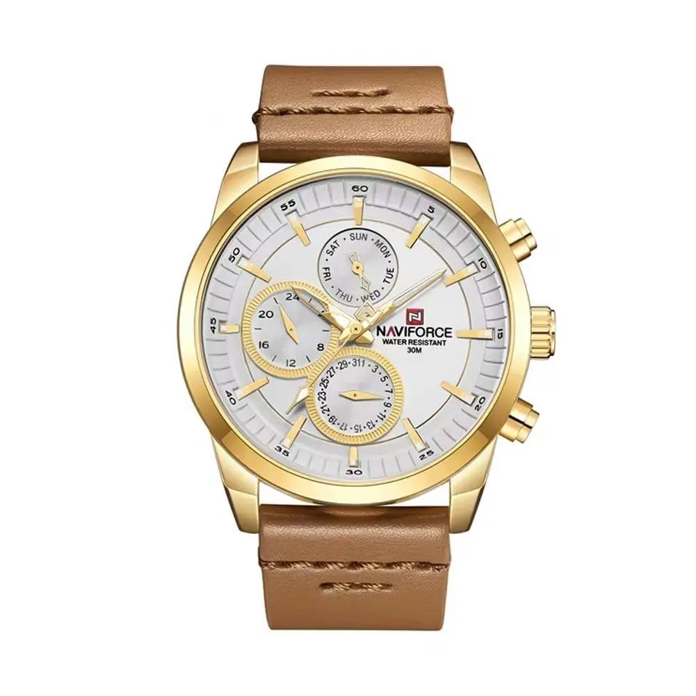Naviforce NF9148 Custom Luxury Leather Strap Quartz Casual Men's Watch – Dial Color: Gold, Strap Color:  Brown  – View 1