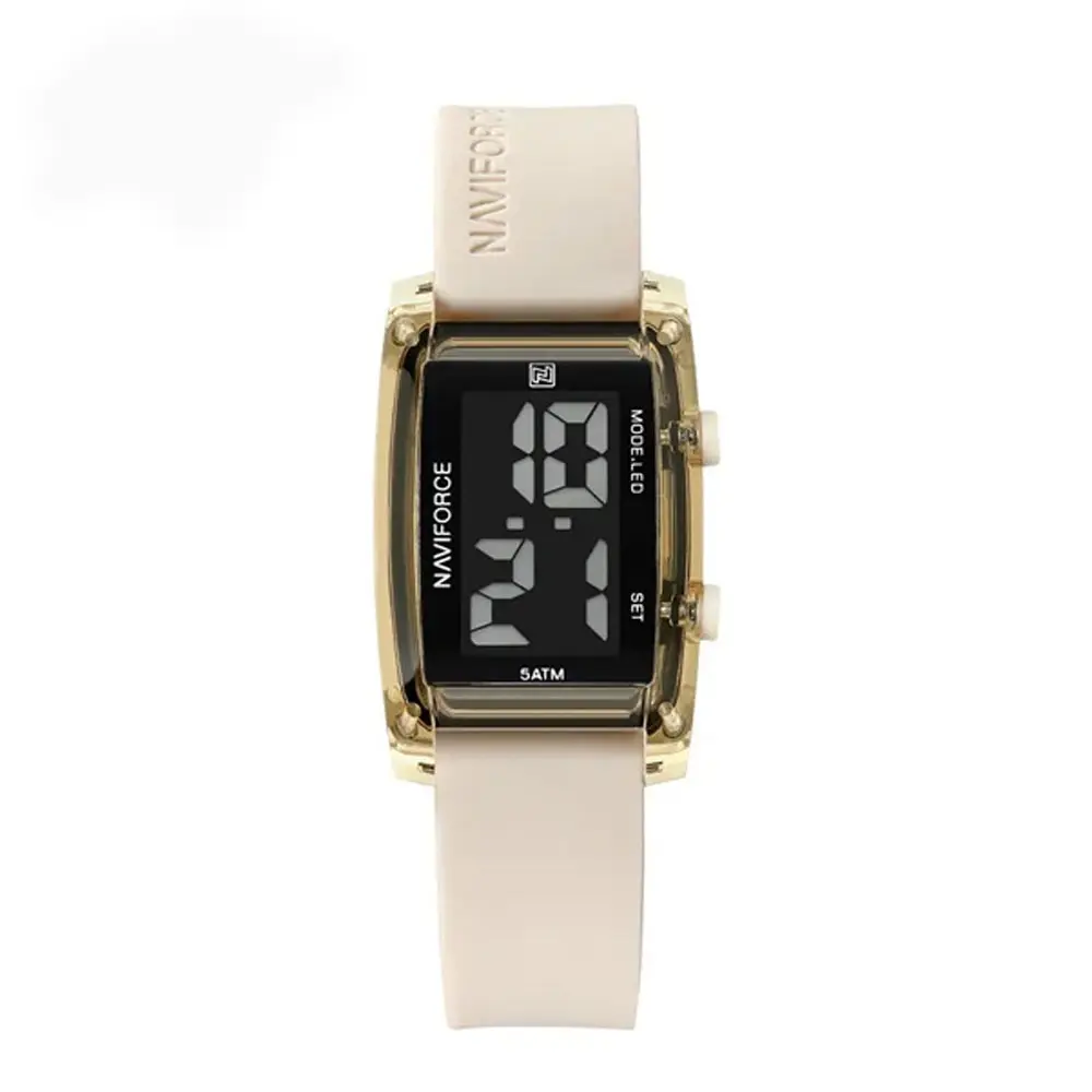 Naviforce NF7118 Comfortable Silicone Starp Digital Fashion Women's Watch – Dial Color: Black, Strap Color: White – View 1