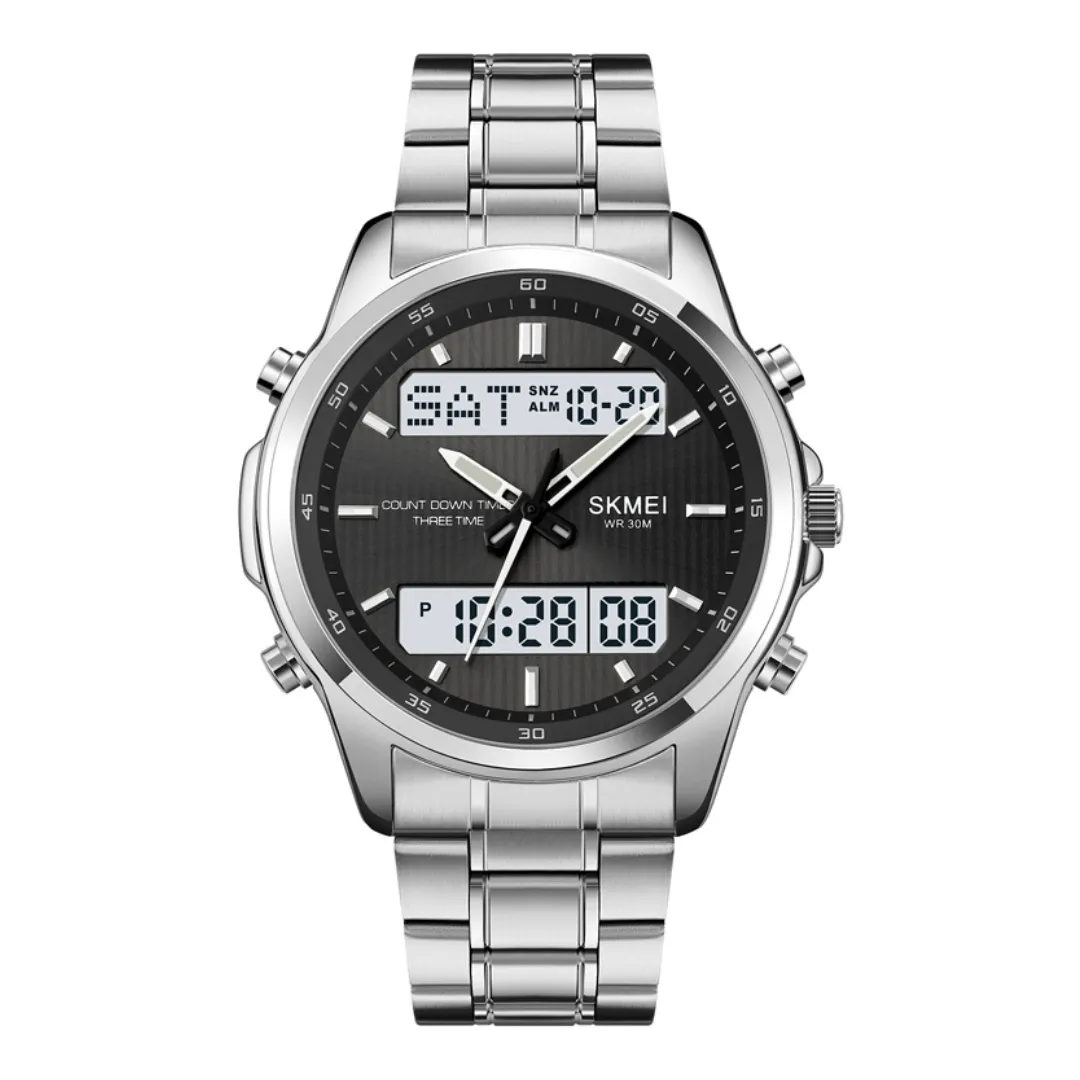 Skmei 2049 Analog Digital Dual Display Men's Watch – Dial Color: Black, Strap Color: Silver – View 1