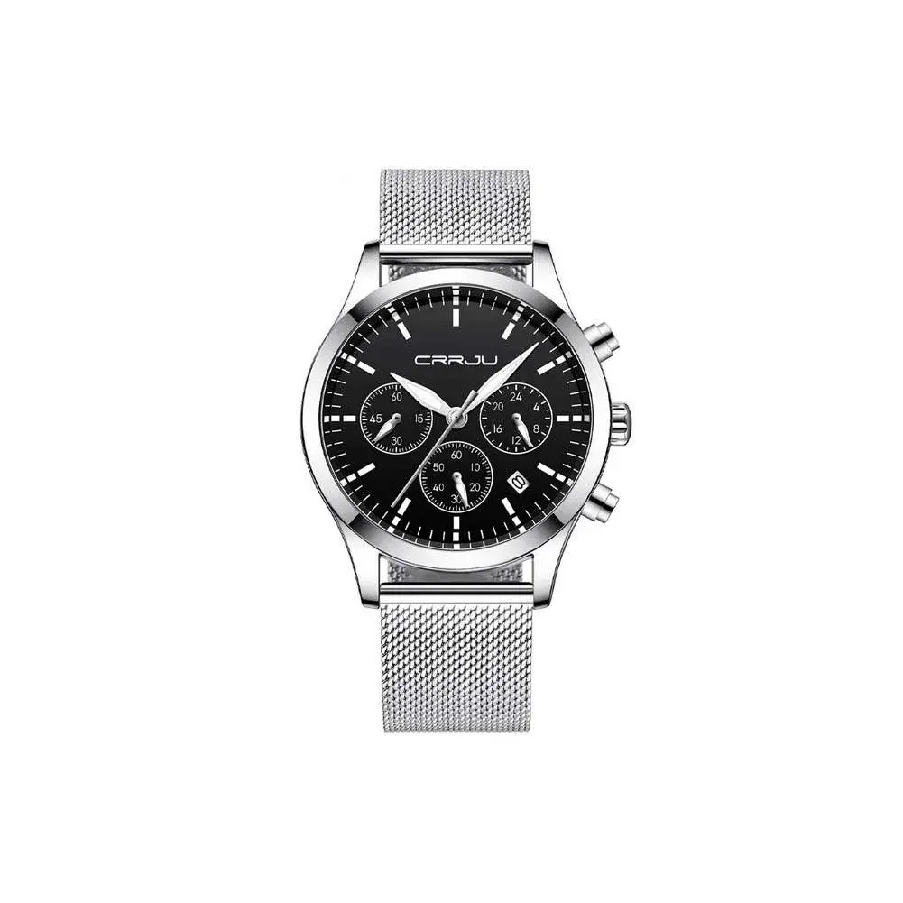 CRRJU 2288 Dive into Luxury Mesh Stainless Steel Casual Men's Watch – Dial Color: Black, Strap Color: Silver – View 1