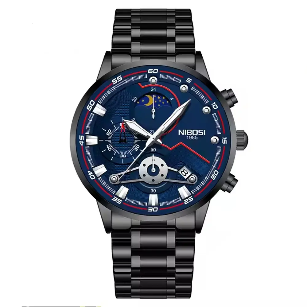 Nibosi 2503 High Quality Stainless Steel Multifunctional Classic Men's Watch – Dial Color: Blue, Strap Color: Black – View 1