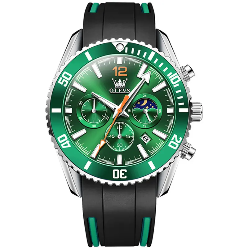 OLEVS 9916 Sports Waterproof Luminous Multifunction Silicone Band Men's Quartz Wristwatch  – Dial Color: Green, Strap Color: Black – View 1