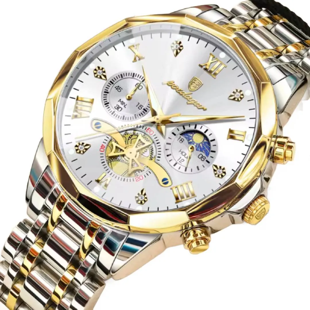 Poedagar 938 Luxury Stainless Steel Chronograph Men's Watch – Dial Color: White, Strap Color: Silver – View 1