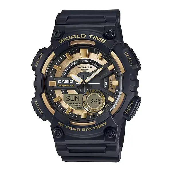 Casio AEQ-110W-1A2V Youth Telememo World Time Analog-Digital Sports Watch  – Dial Color: Gold, Strap Color: Black – View 1