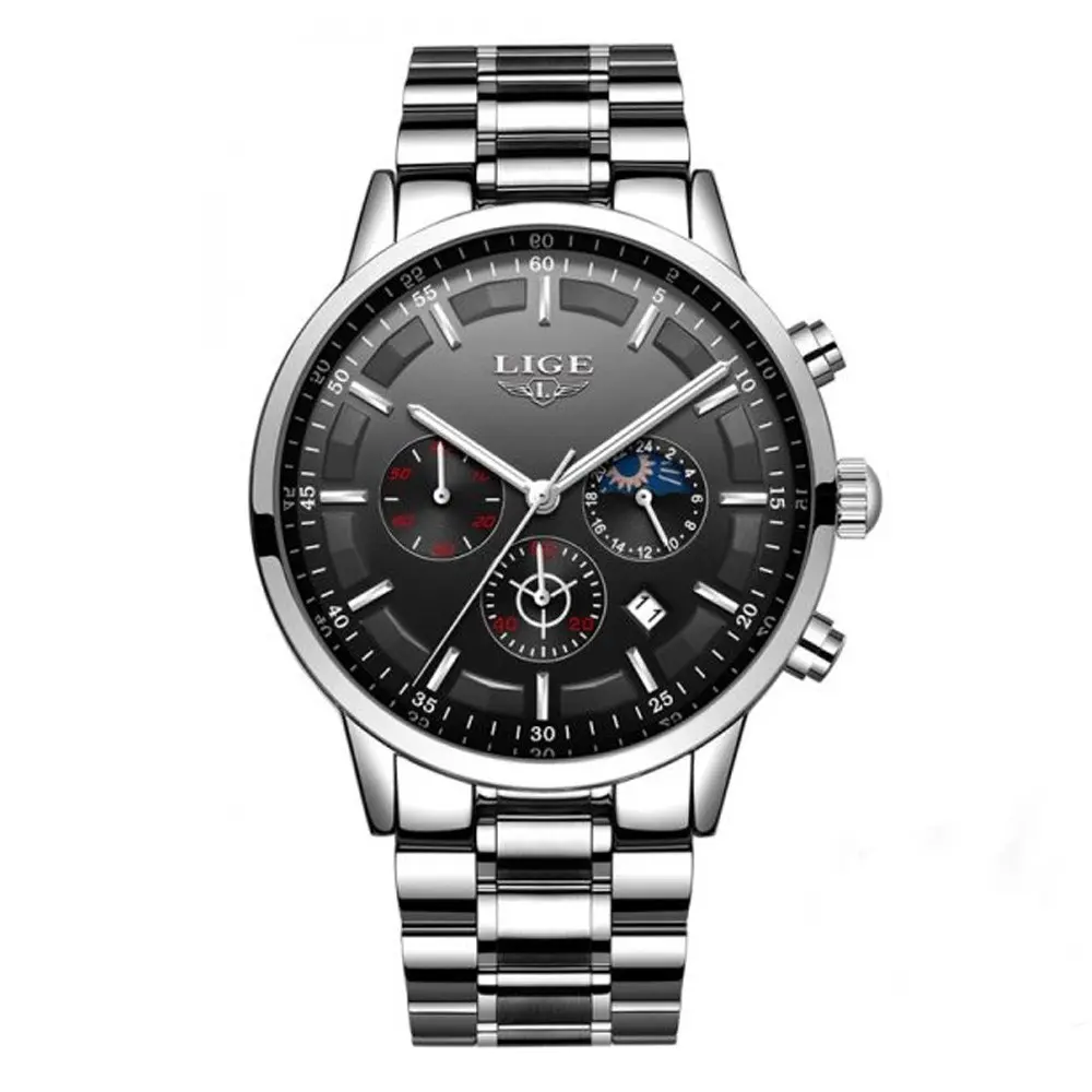 LIGE 9877 Stainless Steel Moon Phase Analog Luxury Men's Watch – Dial Color: Black, Strap Color: Silver – View 1