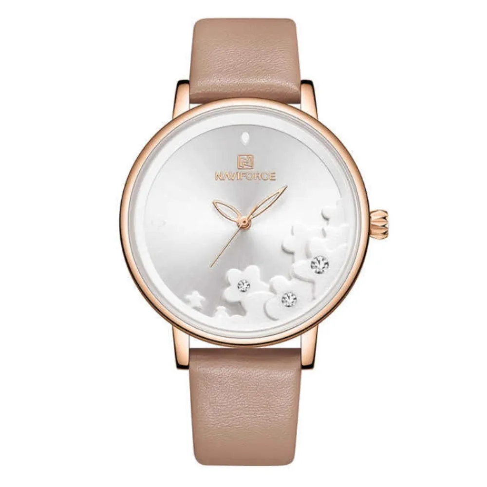 NAVIFORCE NF5012 PU Leather Analog Women's Watch – Dial Color: Silver, Strap Color: Rose – View 1