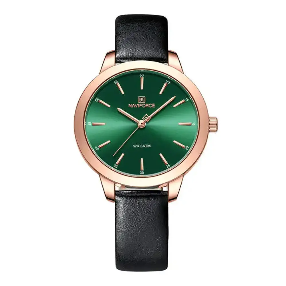 NAVIFORCE NF5024 PU Leather Analog Watch For Women – Dial Color: Green, Strap Color: Black – View 1
