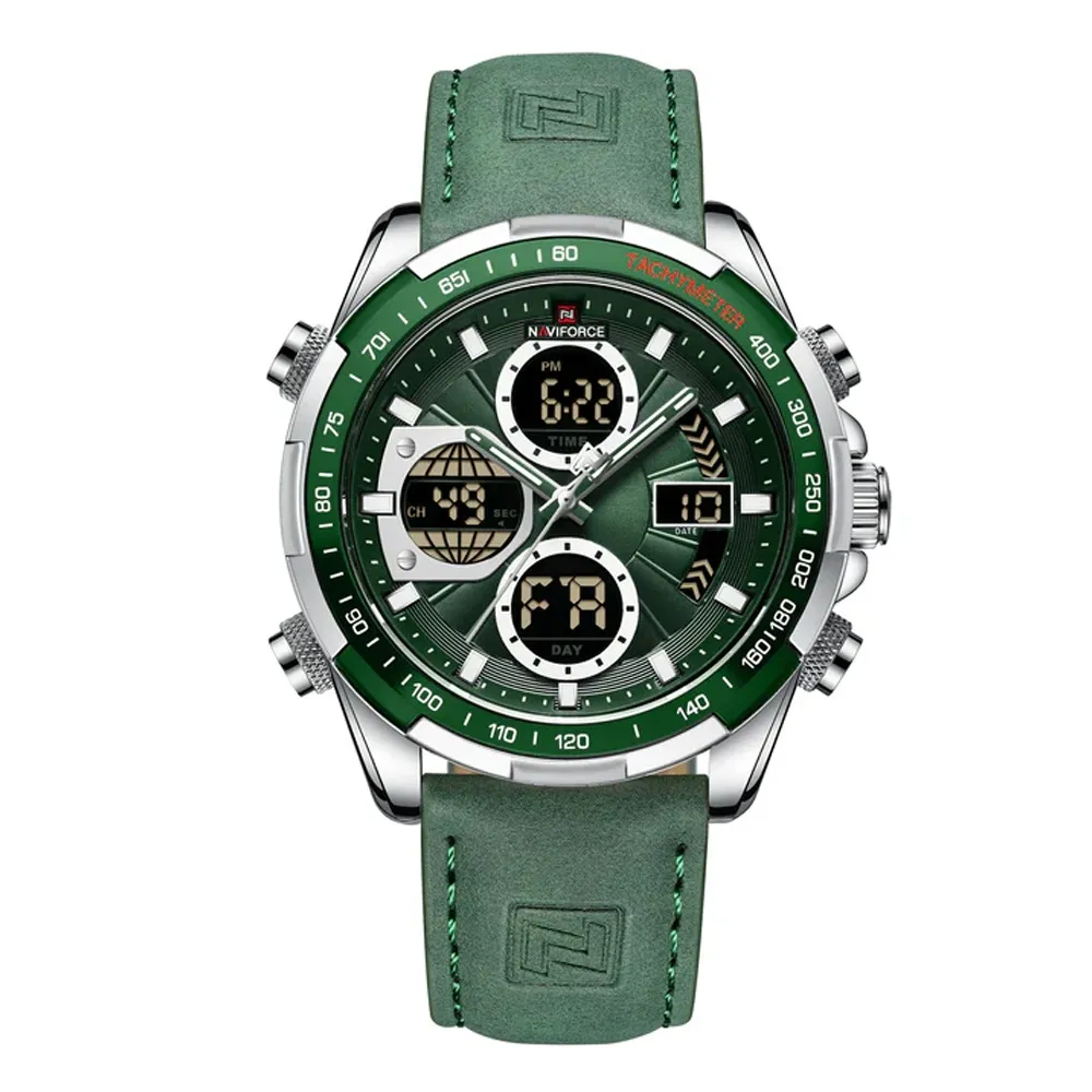 Naviforce NF9197L Comfortable Genuine Leather Strap Dual Display Sport Men's Watch – Dial Color: Silver, Strap Color: Green  – View 1