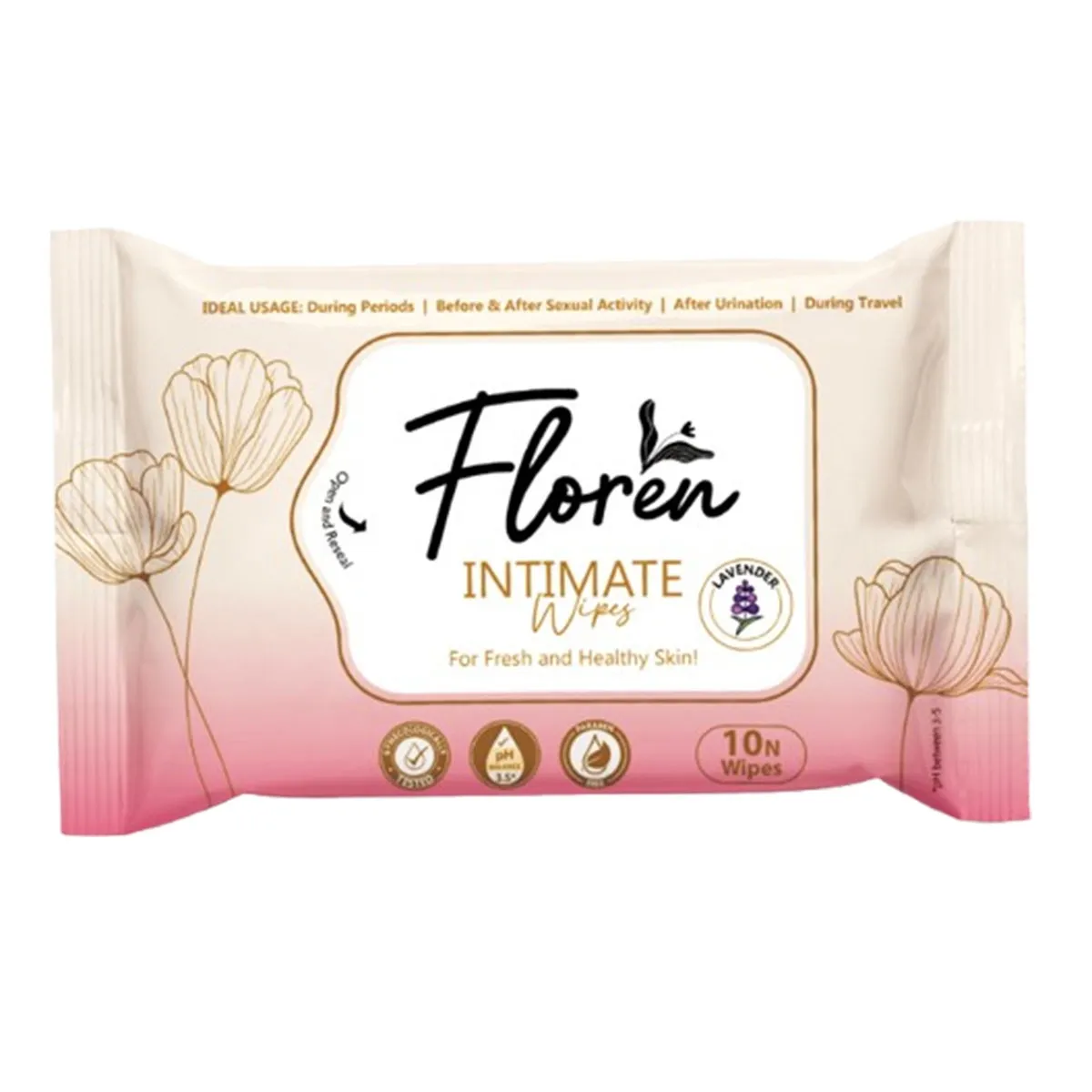 Floren Intimate Lavender Wipes for Odour Protection 10 Wipes (Dermatologically Tested) – View 1