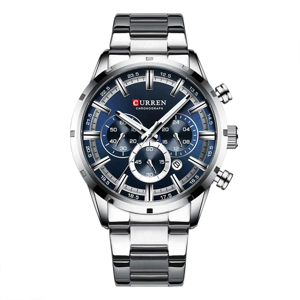 Curren 8355 High Quality Stainless Steel Chronograph Men's Watch – Dial Color: Navy Blue, Strap Color: Silver – View 1