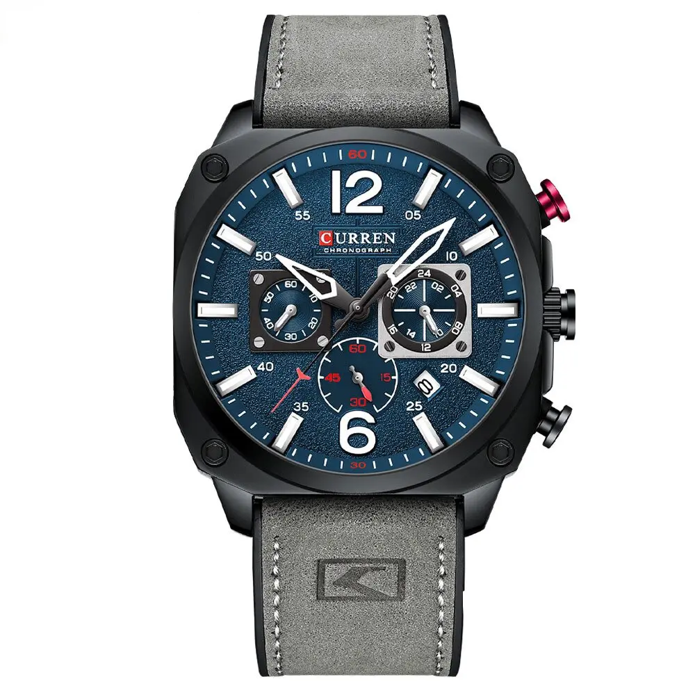 Curren 8398 Luxury Genuine Leather Straps Chronograph Sports Men's Watch – Dial Color: Blue, Strap Color: Silver – View 1