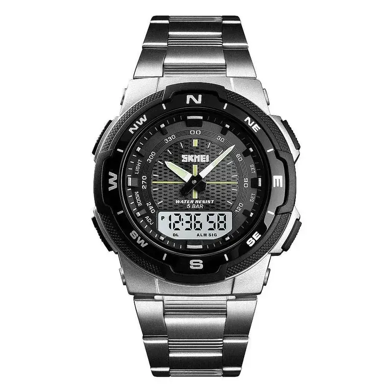 SKMEI 1370 Dual Time Premium Stainless Steel Sporty Men's Watch – Dial Color: Black, Strap Color: Silver – View 1